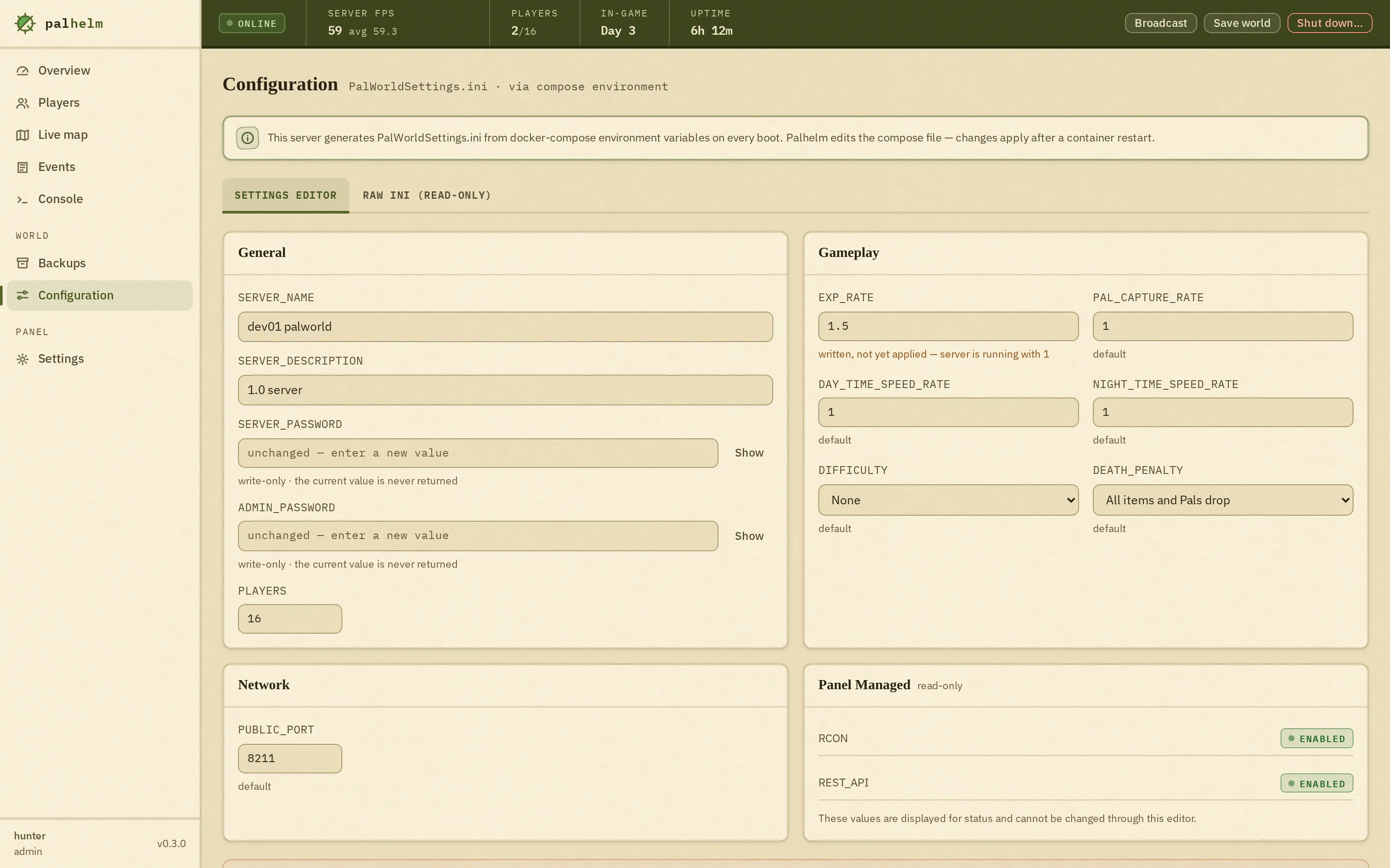 The config editor: server settings each showing a pending value next to the live value, and the exact command to apply the change printed below.