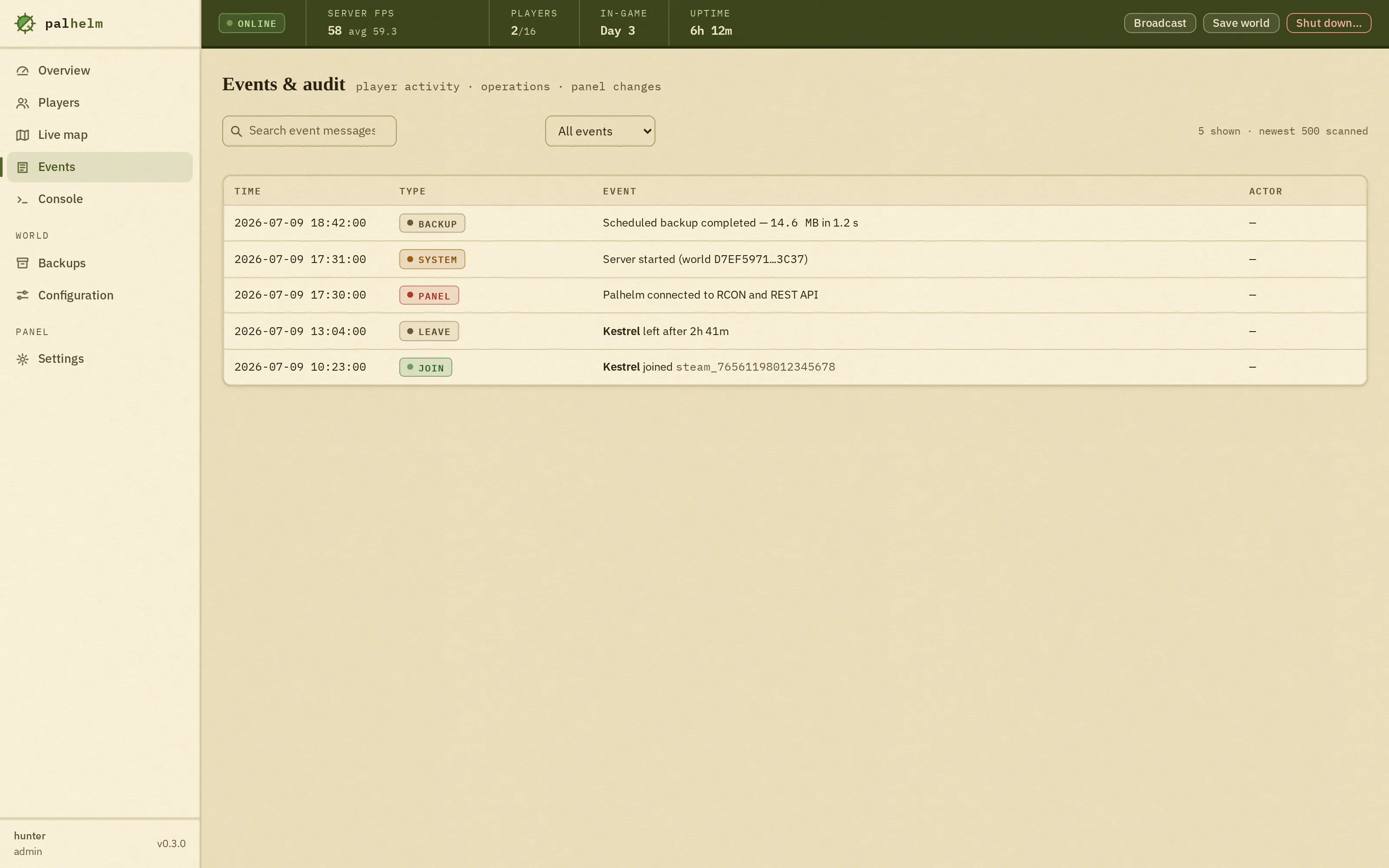 The events and audit screen: a searchable, type-filterable table of timestamped events. Joins, leaves with session durations, backups, server starts and panel connections, each tagged JOIN, LEAVE, BACKUP, SYSTEM or PANEL.