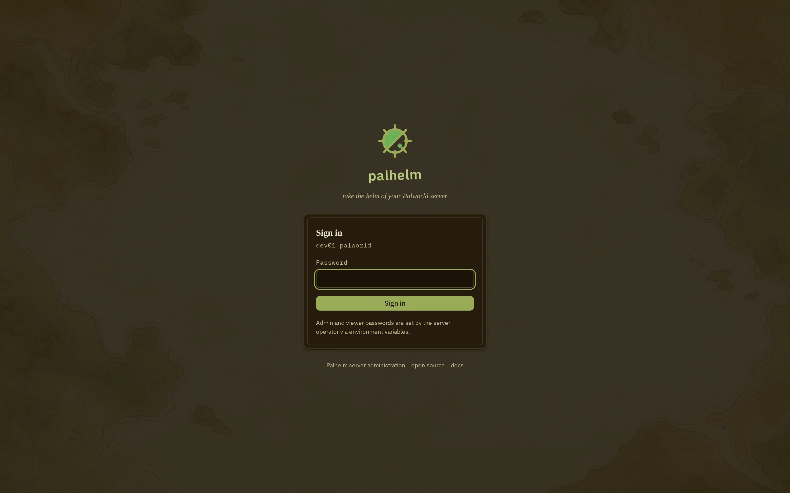 The login screen: the Palhelm mark on a card, above an admin sign-in form.