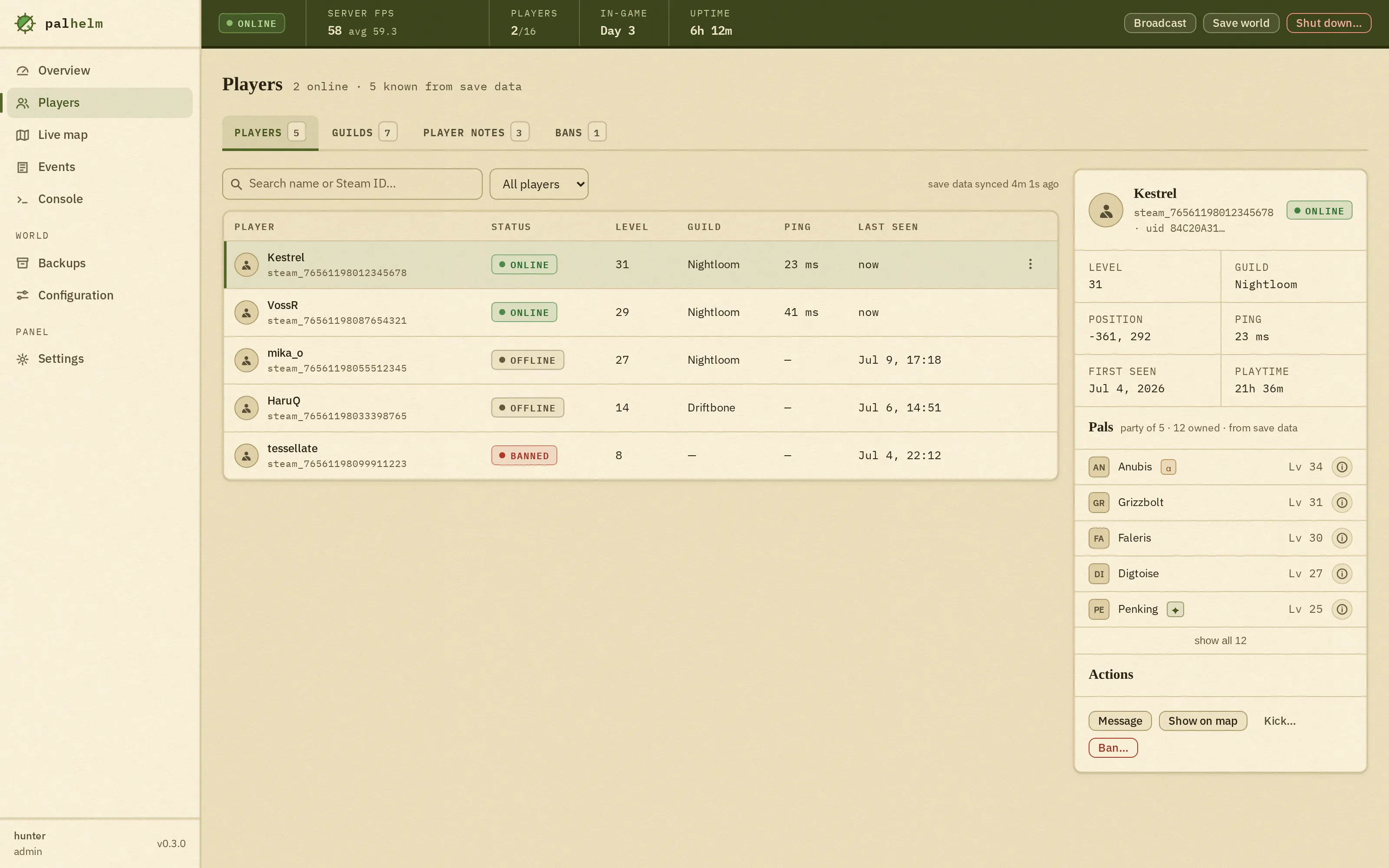 Palhelm players screen: an online player's profile with their pal party, guild, and level pulled from the live server and the parsed save.