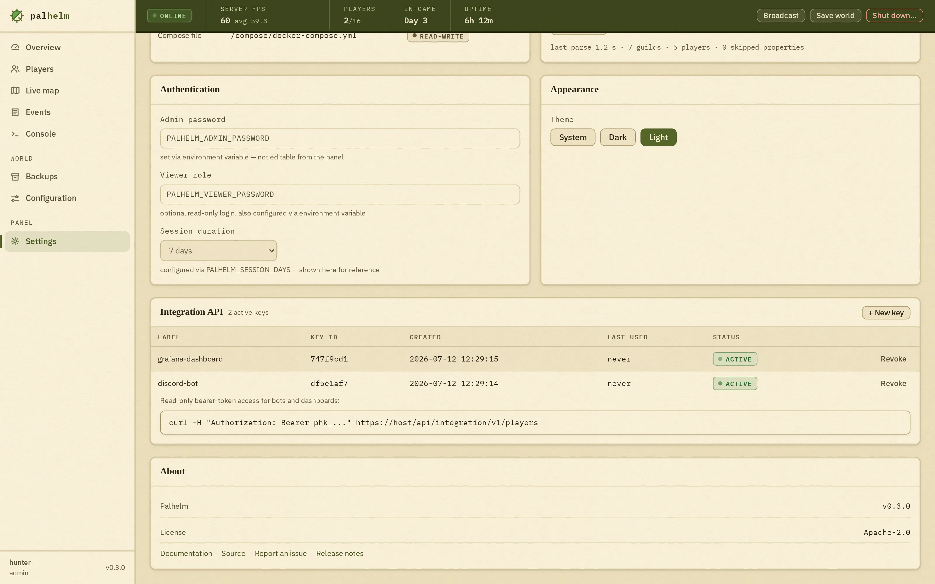 The settings screen: authentication values set through environment variables and shown for reference, an appearance theme switch for system, dark or light, and an Integration API panel listing active keys with created dates, status and a revoke action.